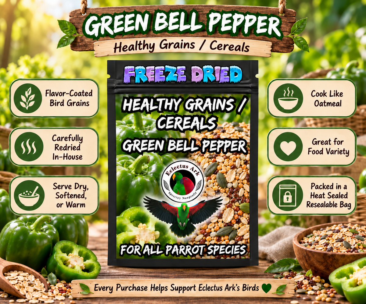 Healthy Grains Choose Your Flavor bird food made with flavor-coated grains in a 6.3 x 9.4 inch heat sealed resealable bag, served dry, rinsed soft, or cooked warm like oatmeal for parrots and other pet birds. Green Bell Pepper Promotional Image