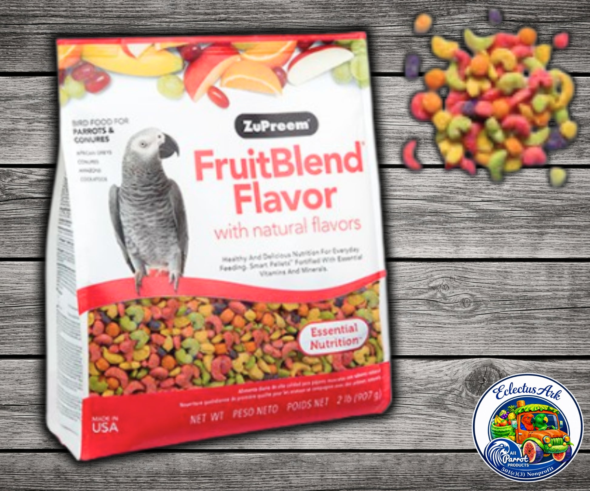 Colorful fruitblend pellet bird food for parrots and conures with balanced nutrition vitamins and fruit shapes
