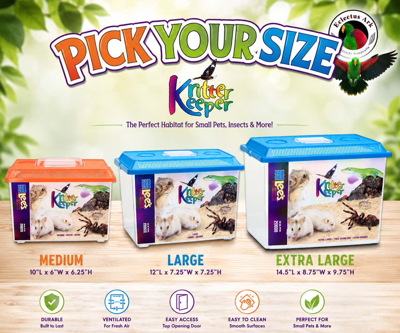 Kritter Keeper® ventilated terrarium and animal keeper by Hagen with assorted color lid, self-locking top, hinged viewer feeder window, and medium, large, extra large size options.