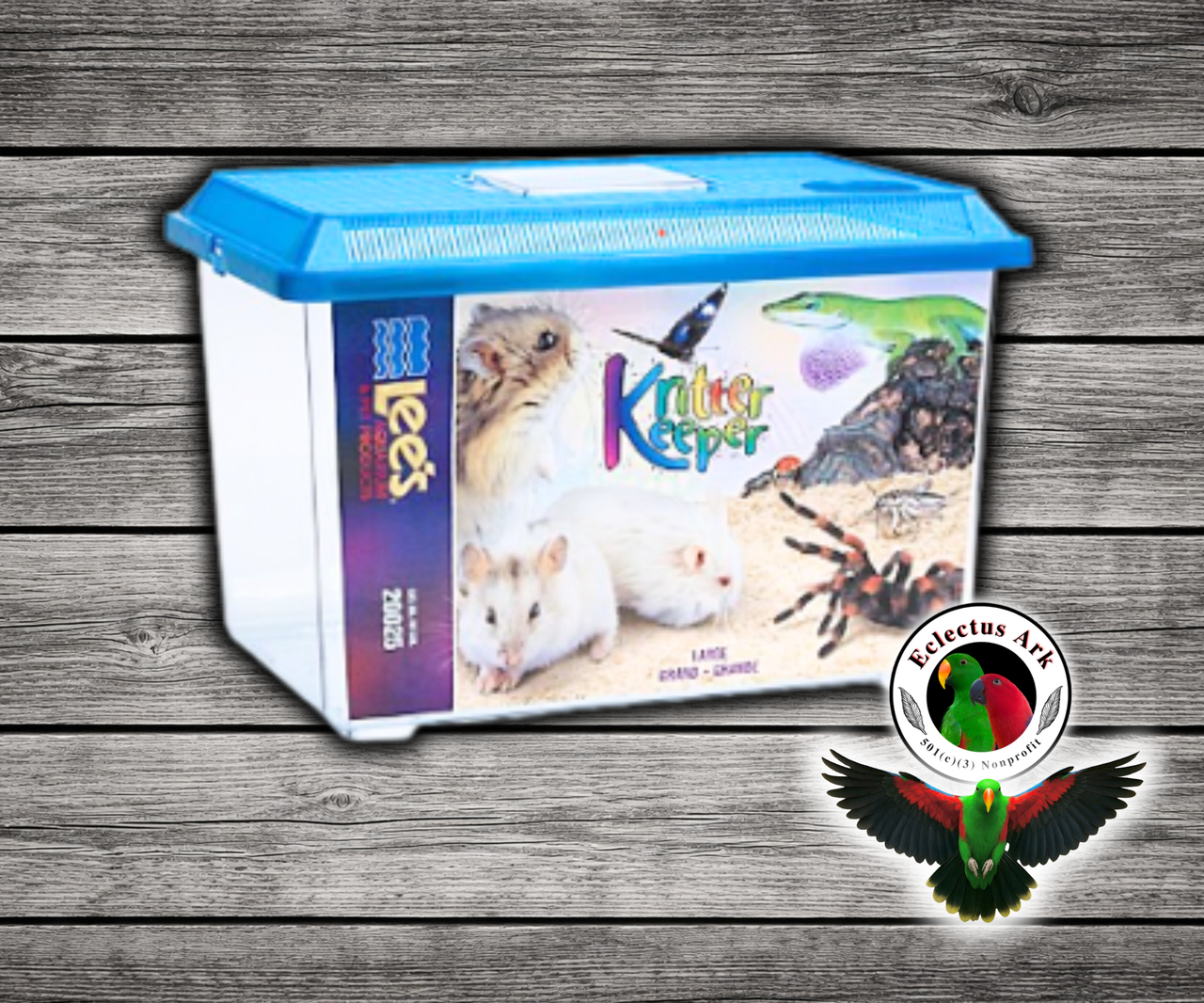 Kritter Keeper® ventilated terrarium and animal keeper by Hagen with assorted color lid, self-locking top, hinged viewer feeder window, and medium, large, extra large size options. Size - Large