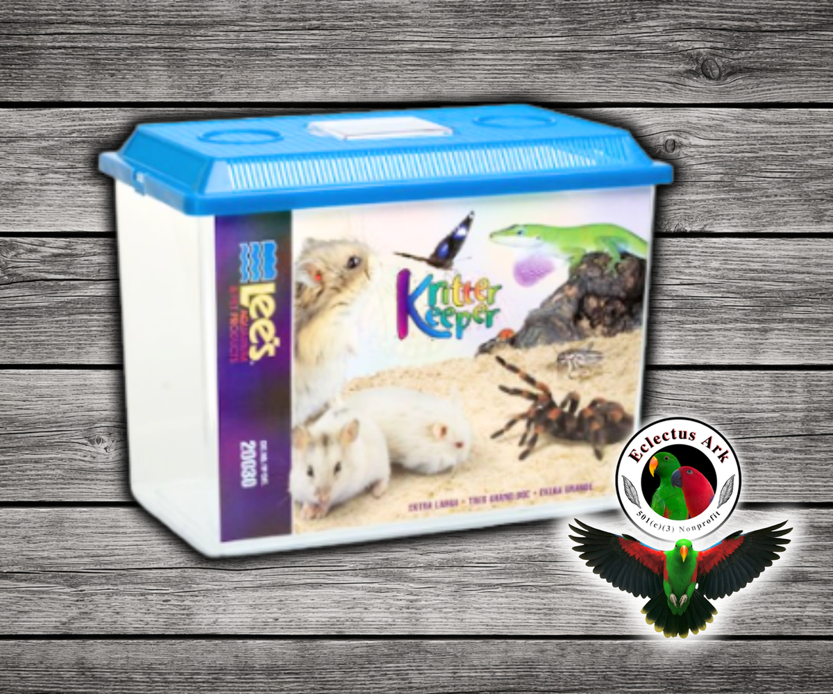 Kritter Keeper® ventilated terrarium and animal keeper by Hagen with assorted color lid, self-locking top, hinged viewer feeder window, and medium, large, extra large size options. Size Extra Large
