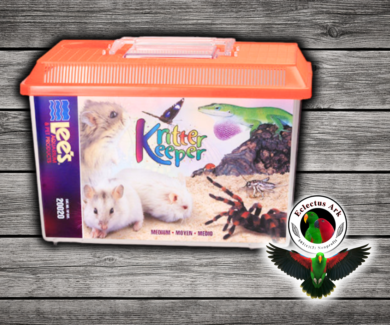 Kritter Keeper® ventilated terrarium and animal keeper by Hagen with assorted color lid, self-locking top, hinged viewer feeder window, and medium, large, extra large size options. Medium
