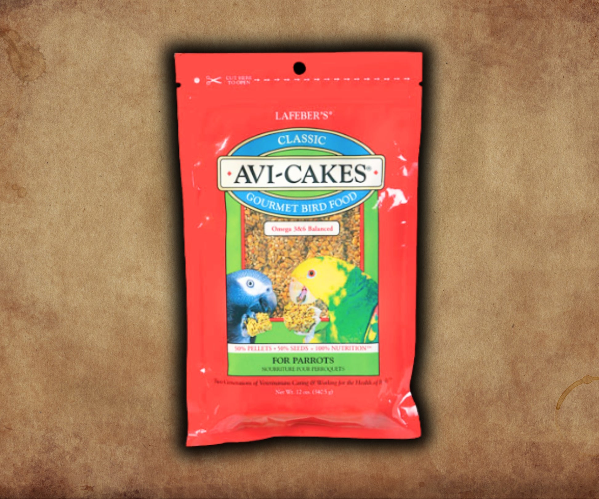 Image of Lafeber Avi-Cakes 12 oz resealable bag — large parrot seed-and-pellet food block for enrichment and balanced nutrition.
