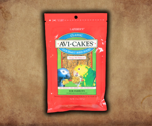 Image of Lafeber Avi-Cakes 12 oz resealable bag — large parrot seed-and-pellet food block for enrichment and balanced nutrition.
