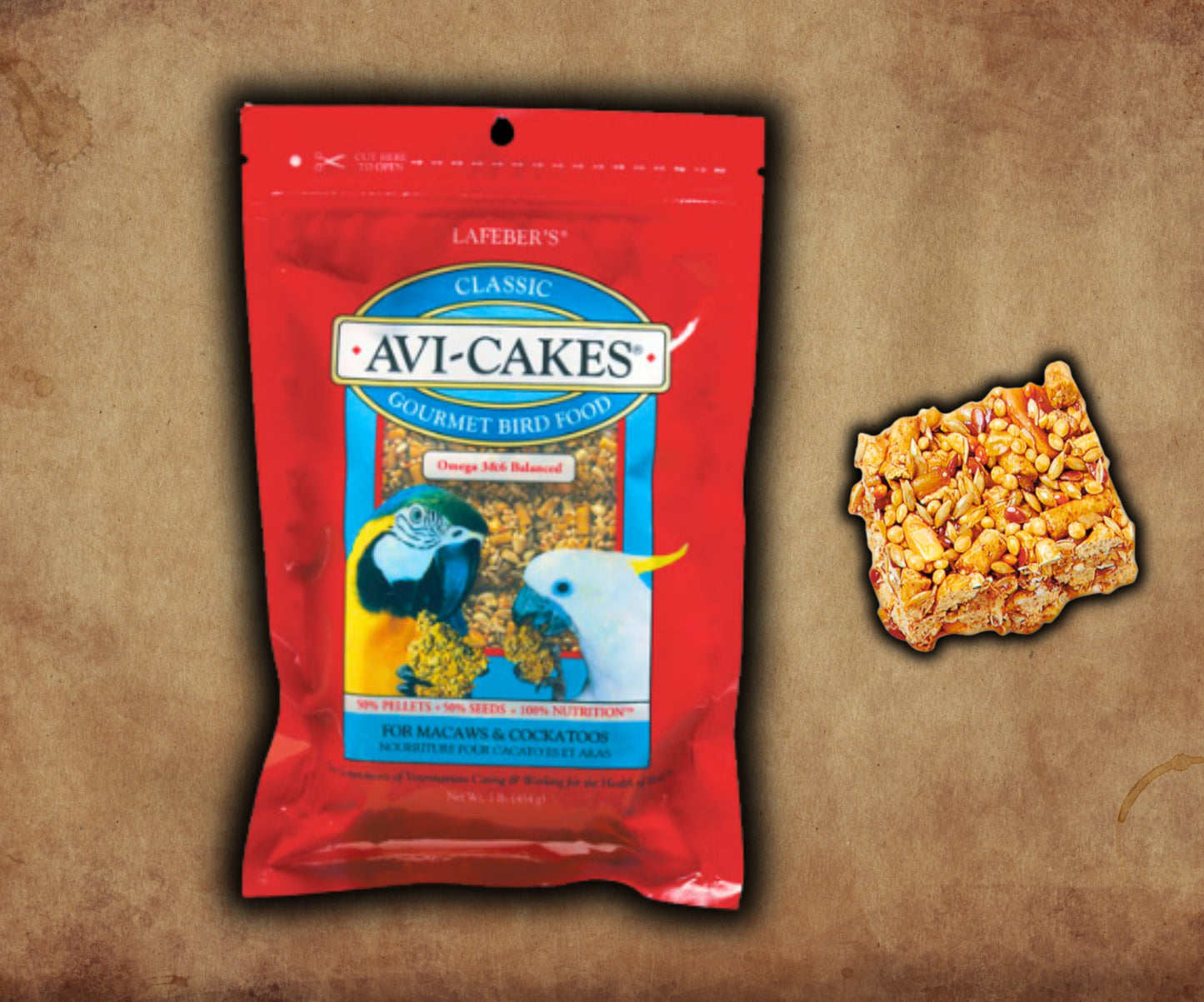 Bag of Lafeber Avi-Cakes 16 oz — seed and pellet block food for macaws and cockatoos, designed as a chewable, foraging-friendly complete diet.
