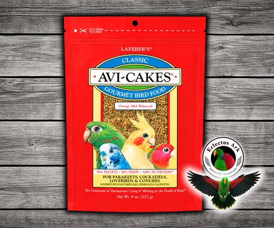 Lafeber Avi-Cakes Work ‘n Chew Food for small birds made with premium seeds, balanced pellets, non-GMO ingredients, and molasses binder for parakeets, cockatiels, lovebirds, conures, budgies, and small parrots.