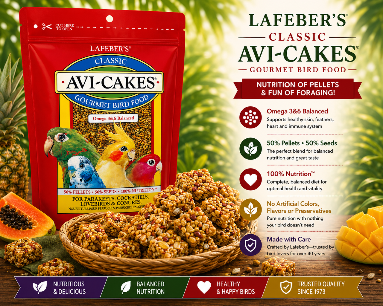 Lafeber Avi-Cakes Work ‘n Chew Food for small birds made with premium seeds, balanced pellets, non-GMO ingredients, and molasses binder for parakeets, cockatiels, lovebirds, conures, budgies, and small parrots. Promo Image