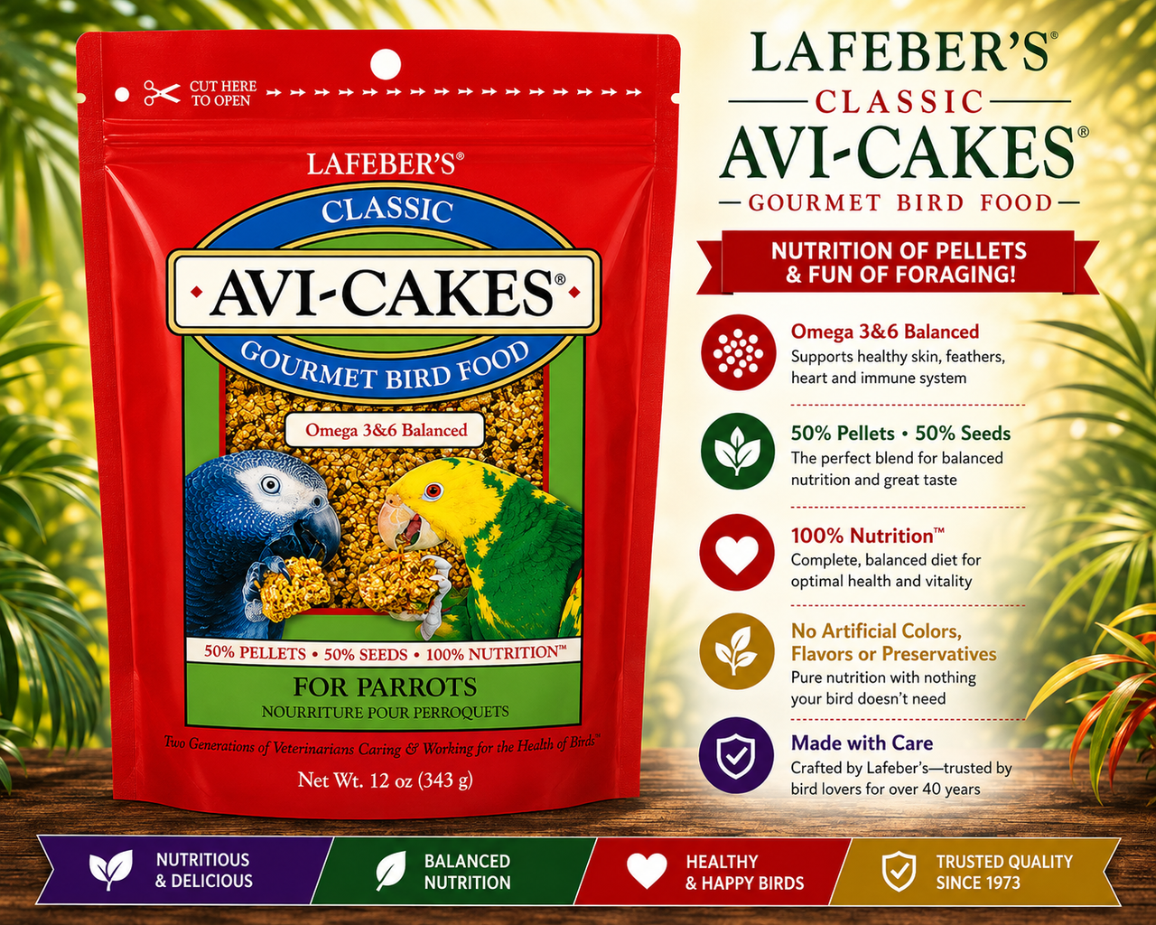 Lafeber Avi-Cakes Work ‘n Chew Large Parrot Food with seed and pellet squares made for parrots to hold, pull, twist, crunch, and forage. Promo Image