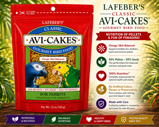 Lafeber Avi-Cakes Work ‘n Chew Large Parrot Food with seed and pellet squares made for parrots to hold, pull, twist, crunch, and forage. Promo Image