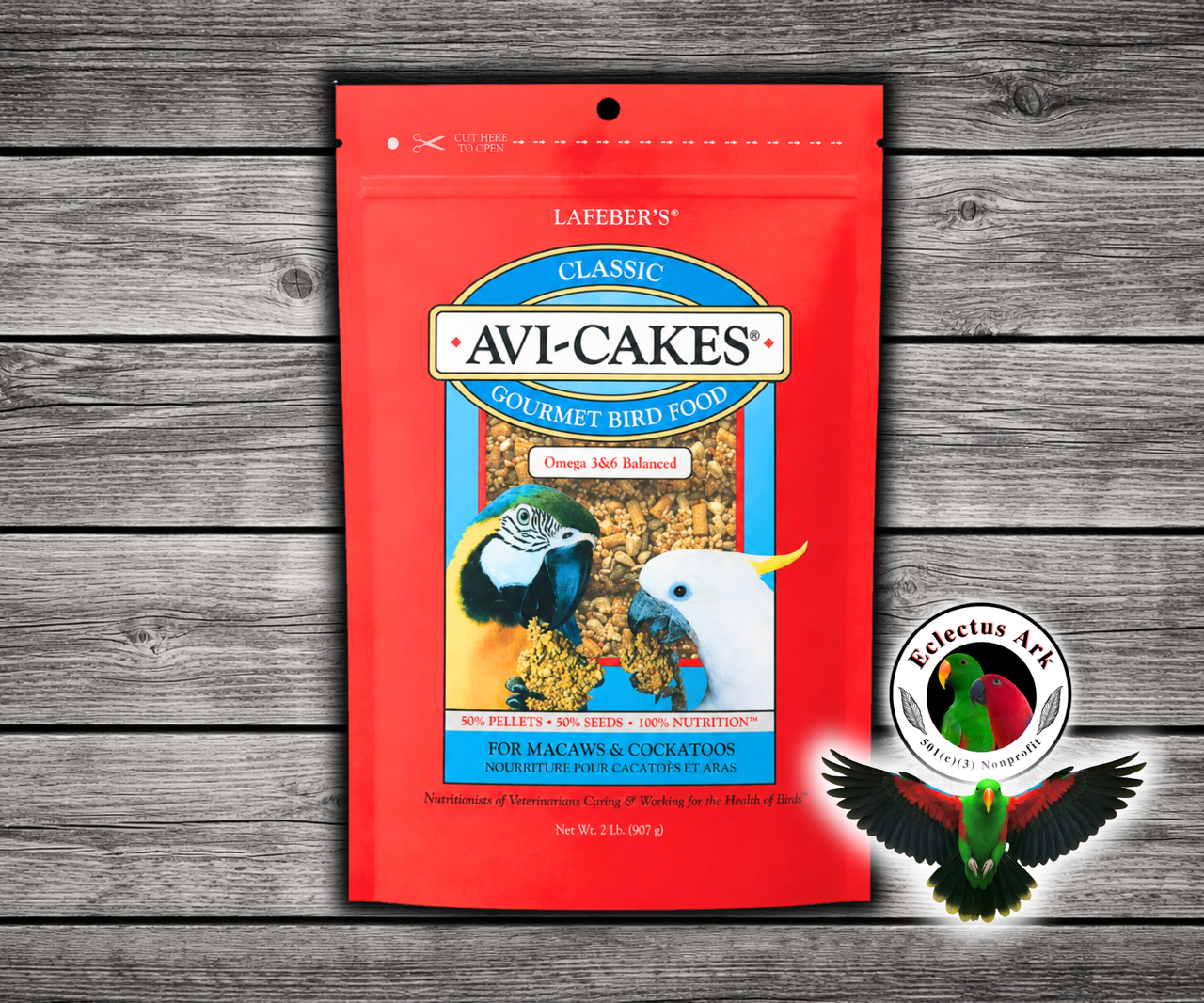 Lafeber Avi-Cakes Work ‘n Chew Macaw and Cockatoo Food with seed and pellet squares designed for large parrots to hold, pull, twist, crunch, and forage.