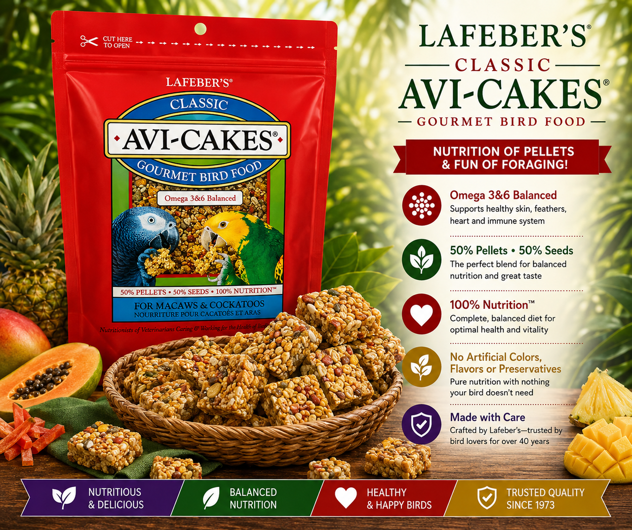 Lafeber Avi-Cakes Work ‘n Chew Macaw and Cockatoo Food with seed and pellet squares designed for large parrots to hold, pull, twist, crunch, and forage.  Promo