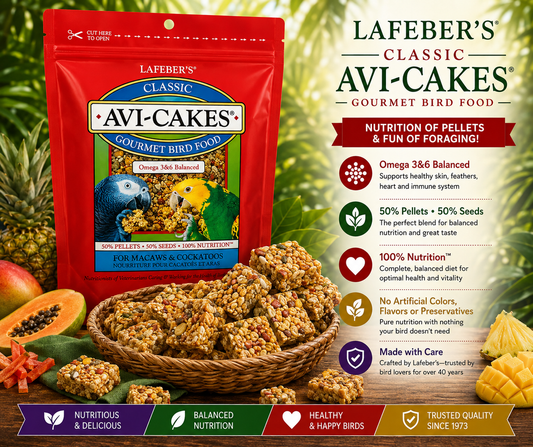 Lafeber Avi-Cakes Work ‘n Chew Macaw and Cockatoo Food with seed and pellet squares designed for large parrots to hold, pull, twist, crunch, and forage.  Promo
