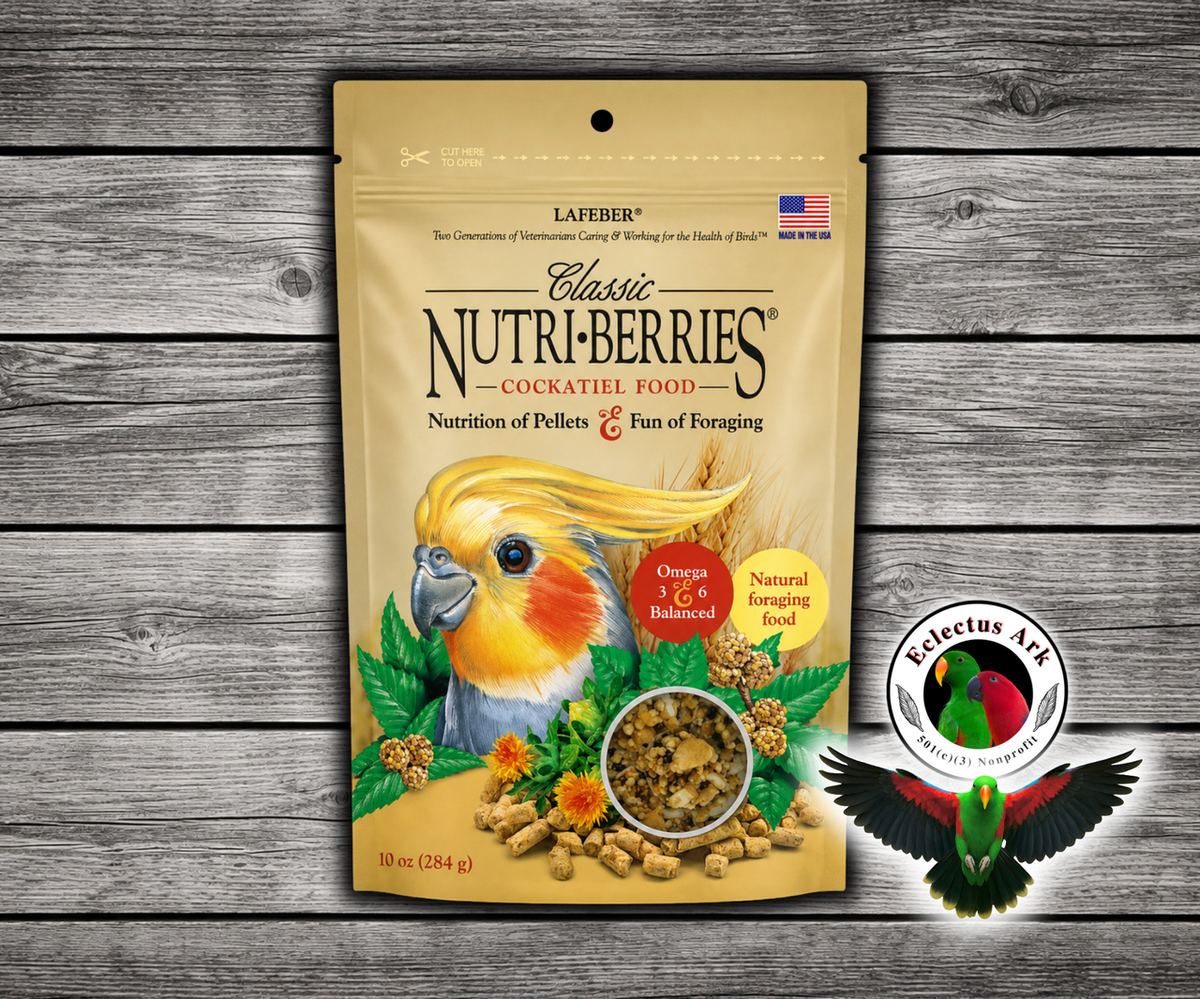 Lafeber Cockatiel Nutri-Berries are balanced food berries with hulled seeds, grains, 8% pellets, vitamins, and minerals. 10 oz