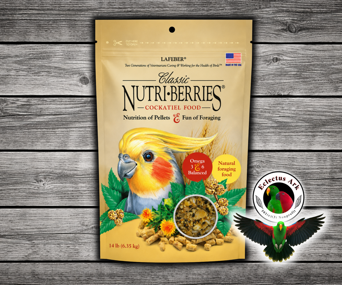Lafeber Cockatiel Nutri-Berries are balanced food berries with hulled seeds, grains, 8% pellets, vitamins, and minerals. 14 lb