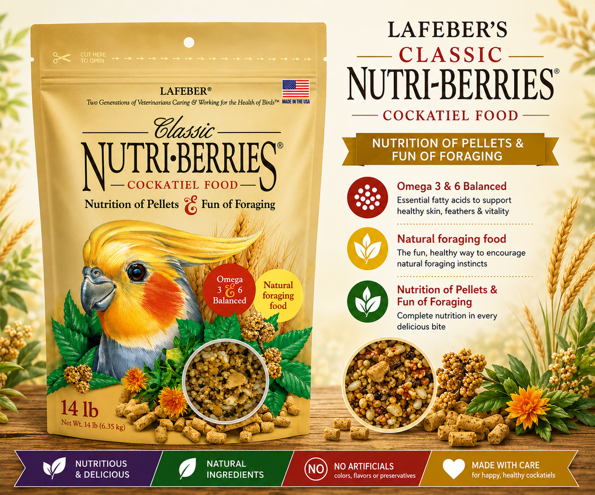 Lafeber Cockatiel Nutri-Berries with hulled seeds, grains, peanut granules, 8% pellets, vitamins, minerals, amino acids, and omega fatty acids for cockatiels, lovebirds, budgies, parakeets, conures, and small birds. 4 lb promo