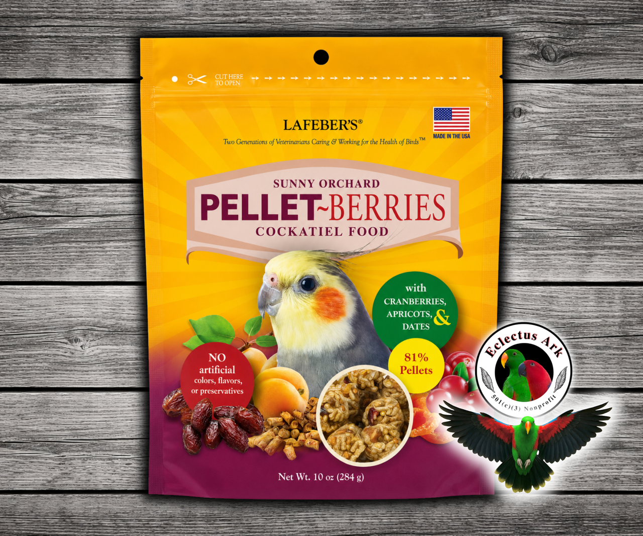 Lafeber Cockatiel Pellet-Berries 10 Oz with 81% pellets, 19% individual fruits and grains, cranberries, apricots, dates, red millet, hulled canary grass seed, vitamins, minerals, and omega fatty acids for cockatiels, lovebirds, conures, and small birds. 101 oz bag
