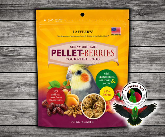 Lafeber Cockatiel Pellet-Berries 10 Oz with 81% pellets, 19% individual fruits and grains, cranberries, apricots, dates, red millet, hulled canary grass seed, vitamins, minerals, and omega fatty acids for cockatiels, lovebirds, conures, and small birds. 101 oz bag