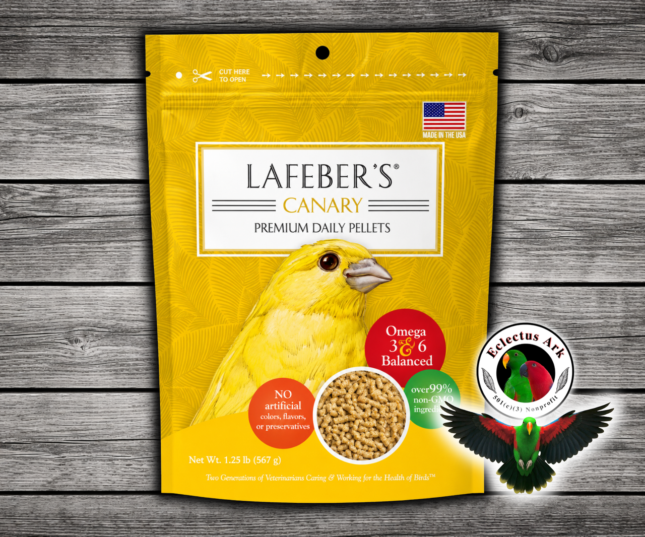 Lafeber Daily Premium Canary Pellet Diet with ground non-GMO corn, soybean meal, oat groats, cane molasses, dried whole egg, vitamins, minerals, amino acids, and omega 3 and 6 fatty acids for canaries. 1.25 lb bag