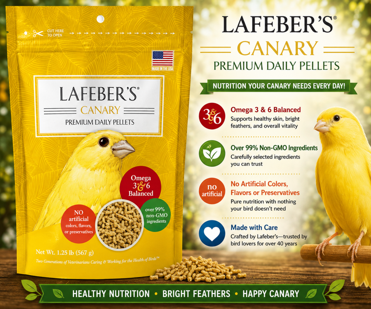 Lafeber Daily Premium Canary Pellet Diet with ground non-GMO corn, soybean meal, oat groats, cane molasses, dried whole egg, vitamins, minerals, amino acids, and omega 3 and 6 fatty acids for canaries. 1.25 lb bag Promo