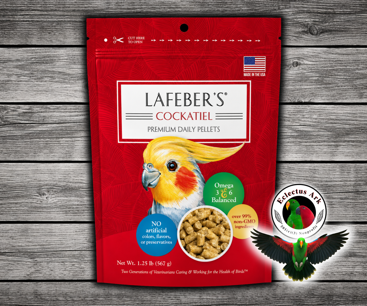 Lafeber Daily Premium Cockatiel Pellet Diet with ground non-GMO corn, soybean meal, oat groats, cane molasses, dried whole egg, vitamins, minerals, amino acids, and omega 3 and 6 fatty acids for cockatiels, conures, quakers, and lovebirds. 1.25 lb bag