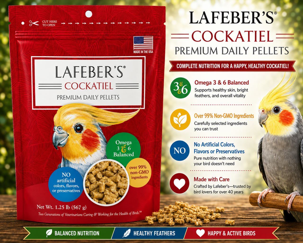 Lafeber Daily Premium Cockatiel Pellet Diet with ground non-GMO corn, soybean meal, oat groats, cane molasses, dried whole egg, vitamins, minerals, amino acids, and omega 3 and 6 fatty acids for cockatiels, conures, quakers, and lovebirds. 1.25 lb bag Promo