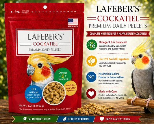 Lafeber Daily Premium Cockatiel Pellet Diet with ground non-GMO corn, soybean meal, oat groats, cane molasses, dried whole egg, vitamins, minerals, amino acids, and omega 3 and 6 fatty acids for cockatiels, conures, quakers, and lovebirds. 1.25 lb bag Promo