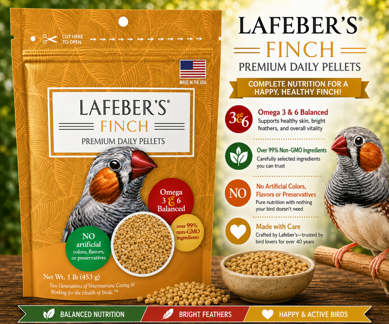 Lafeber Daily Premium Finch Granule Diet with ground non-GMO corn, soybean meal, oat groats, cane molasses, dried whole egg, vitamins, minerals, amino acids, and omega 3 and 6 fatty acids for finches. 1 lb bag