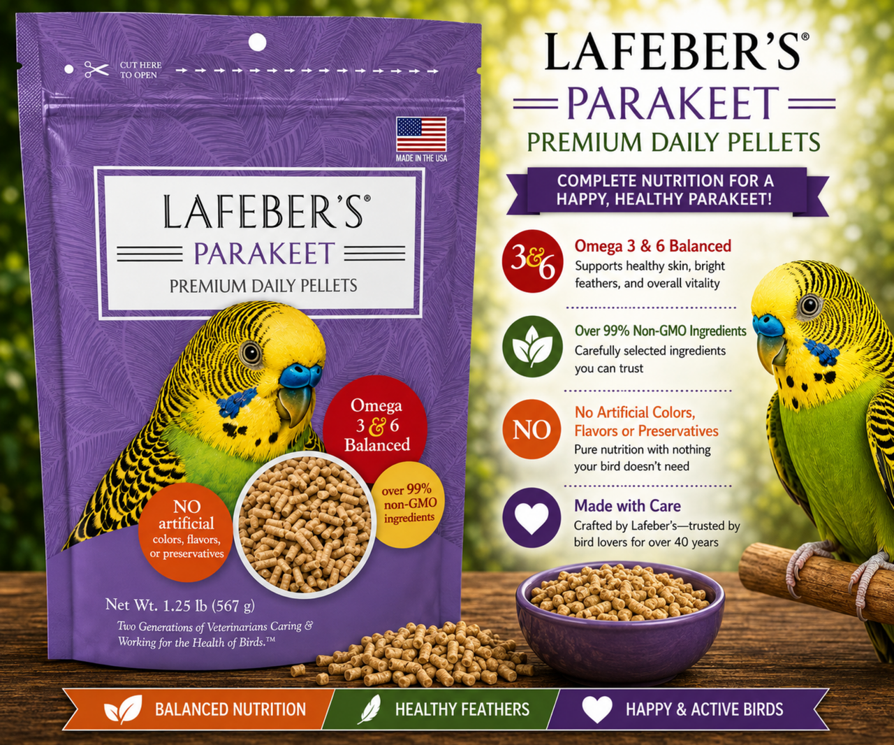 Lafeber Daily Premium Parakeet Pellet Diet with ground corn, soybean meal, oat groats, cane molasses, dried whole egg, vitamins, minerals, amino acids, and omega 3 and 6 fatty acids for parakeets, budgies, lovebirds, cockatiels, and small birds. 1.25 lb Bag Promo