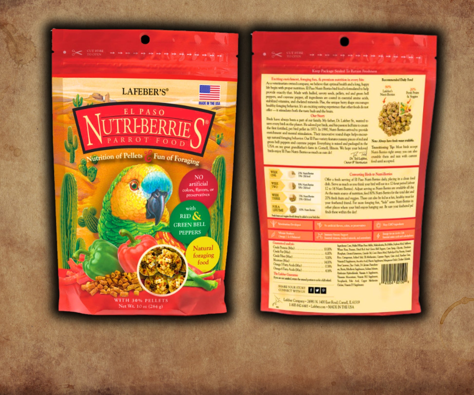 Bag of Lafeber El Paso Nutri-Berries — berry-shaped seed, grain and pepper nuggets for parrots, offering a spicy flavor, balanced nutrition, and foraging enrichment. 10 oz