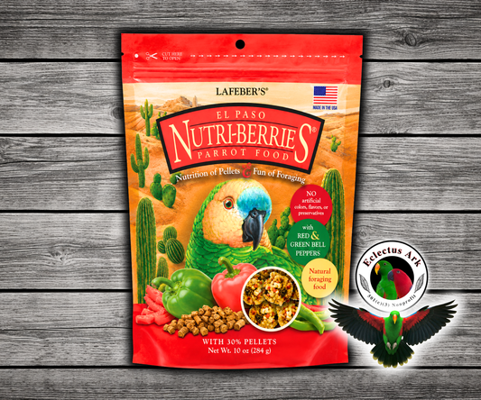 Lafeber El Paso Nutri-Berries for parrots with red bell pepper, green bell pepper, chili pepper, cumin, oregano, garlic powder, hulled seeds, grains, vitamins, and minerals in a foraging berry shape. 10 oz bag