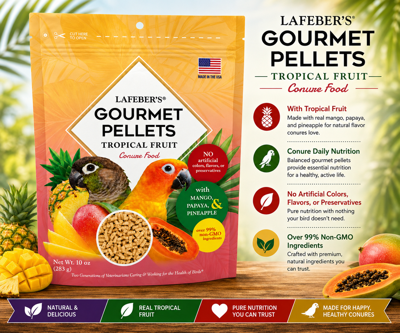 Lafeber El Paso Nutri-Berries for parrots with red bell pepper, green bell pepper, chili pepper, cumin, oregano, garlic powder, hulled seeds, grains, vitamins, and minerals in a foraging berry shape. 10 oz promo