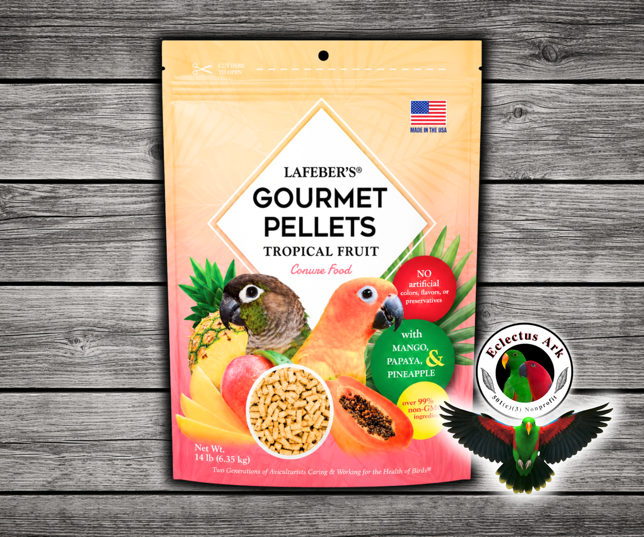 Lafeber El Paso Nutri-Berries for parrots with red bell pepper, green bell pepper, chili pepper, cumin, oregano, garlic powder, hulled seeds, grains, vitamins, and minerals in a foraging berry shape. 14 lb