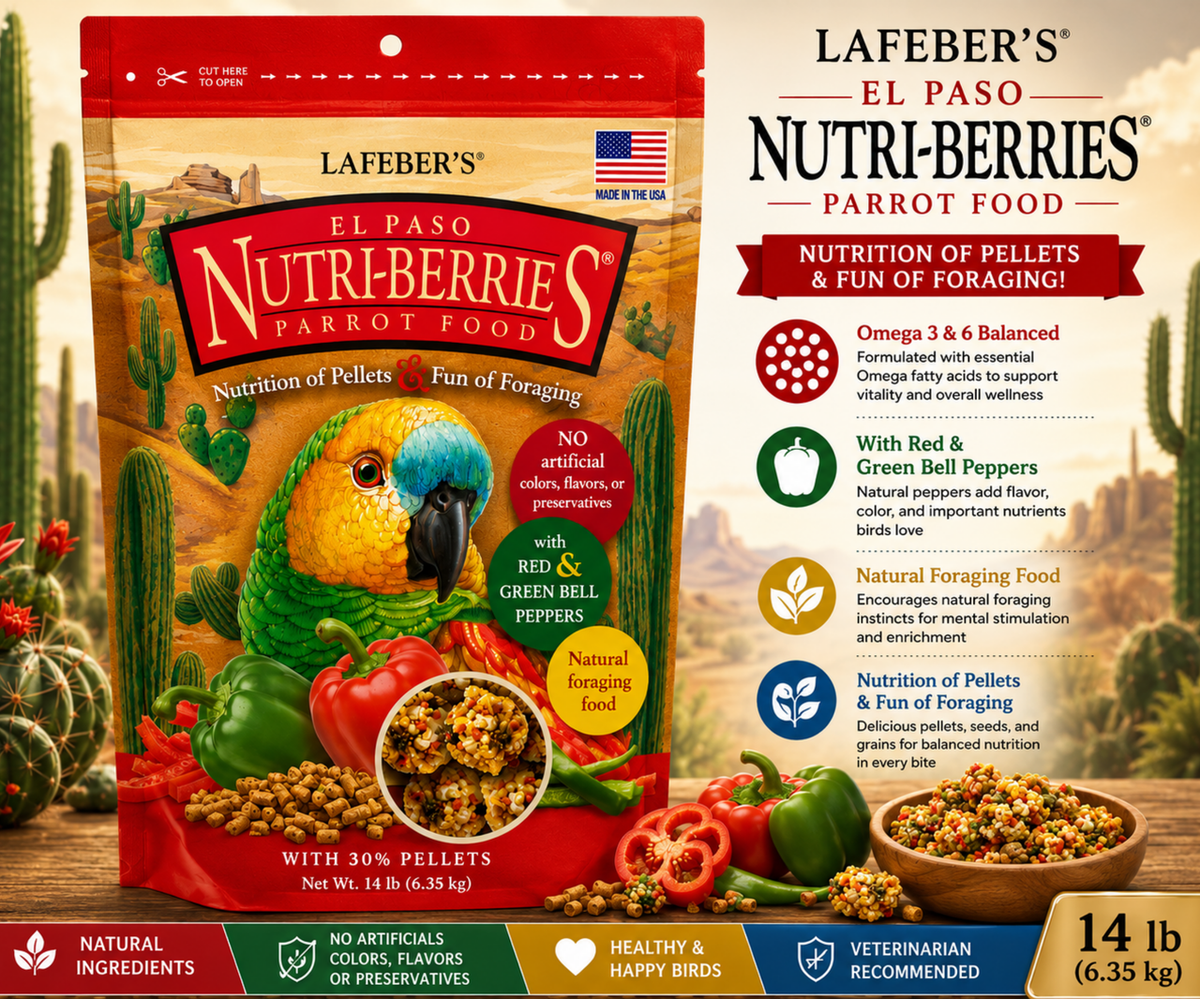 Lafeber El Paso Nutri-Berries for parrots with red bell pepper, green bell pepper, chili pepper, cumin, oregano, garlic powder, hulled seeds, grains, vitamins, and minerals in a foraging berry shape. 14 lb bag Promo