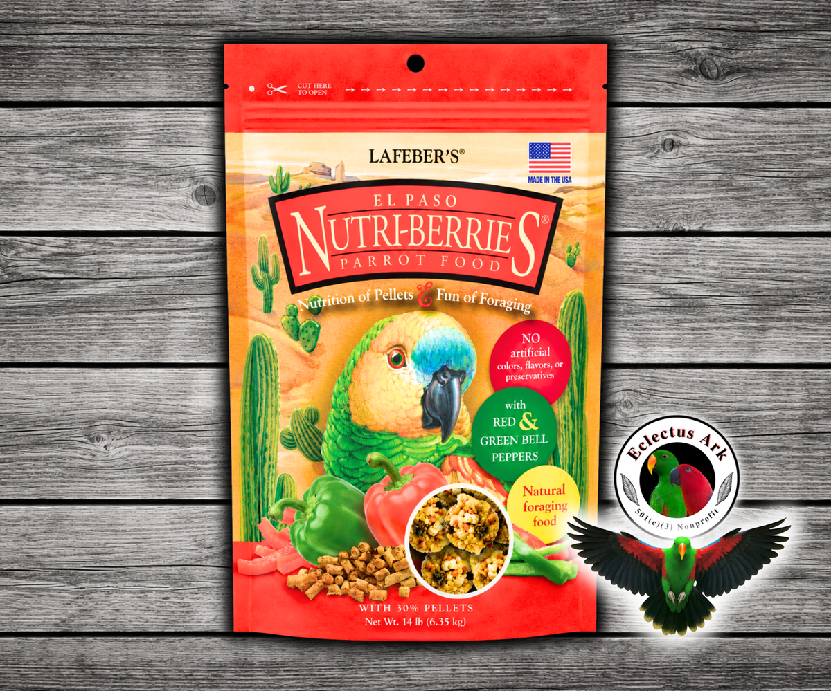 Lafeber El Paso Nutri-Berries for parrots with red bell pepper, green bell pepper, chili pepper, cumin, oregano, garlic powder, hulled seeds, grains, vitamins, and minerals in a foraging berry shape. 14 lb bag