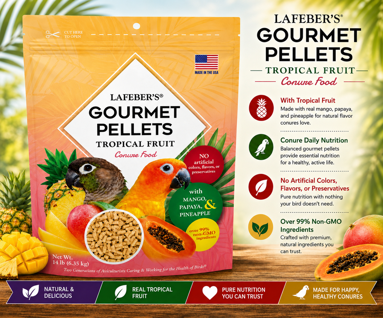 Lafeber El Paso Nutri-Berries for parrots with red bell pepper, green bell pepper, chili pepper, cumin, oregano, garlic powder, hulled seeds, grains, vitamins, and minerals in a foraging berry shape. 14 lb Promo
