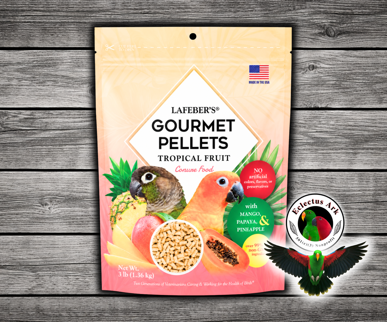 Lafeber El Paso Nutri-Berries for parrots with red bell pepper, green bell pepper, chili pepper, cumin, oregano, garlic powder, hulled seeds, grains, vitamins, and minerals in a foraging berry shape. 3 lb