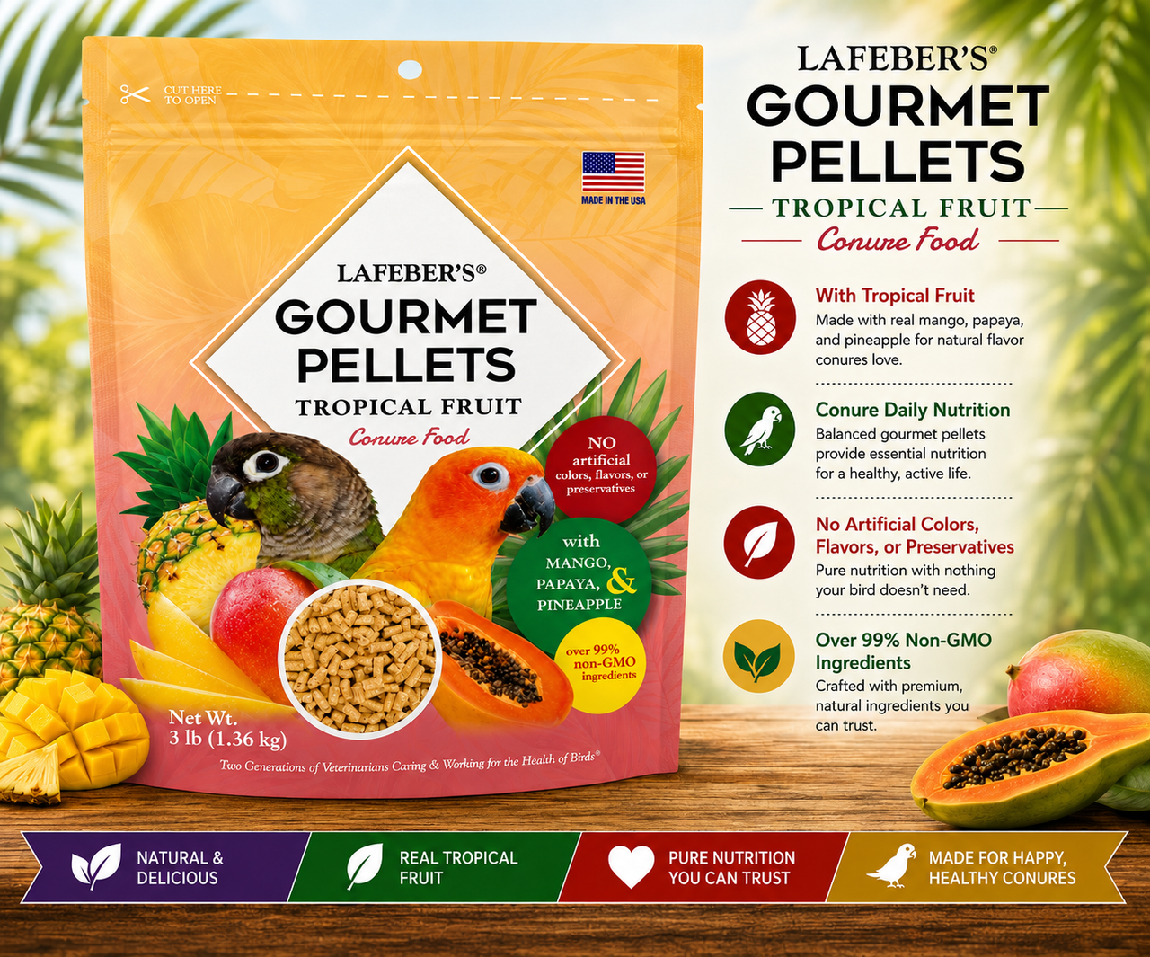 Lafeber El Paso Nutri-Berries for parrots with red bell pepper, green bell pepper, chili pepper, cumin, oregano, garlic powder, hulled seeds, grains, vitamins, and minerals in a foraging berry shape. 3 lb promo