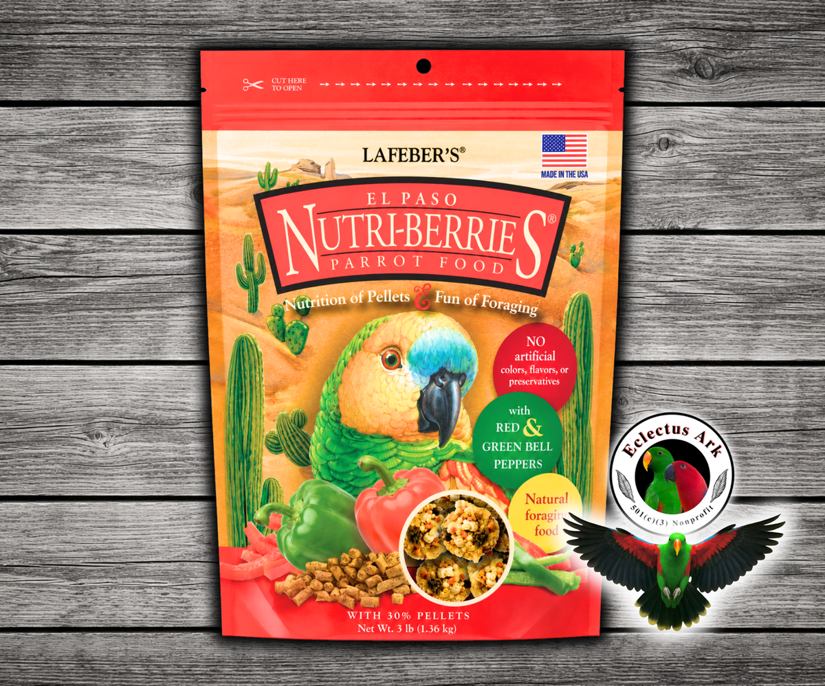 Lafeber El Paso Nutri-Berries for parrots with red bell pepper, green bell pepper, chili pepper, cumin, oregano, garlic powder, hulled seeds, grains, vitamins, and minerals in a foraging berry shape. 3 lb bag