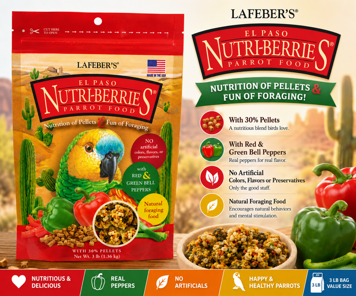 Lafeber El Paso Nutri-Berries for parrots with red bell pepper, green bell pepper, chili pepper, cumin, oregano, garlic powder, hulled seeds, grains, vitamins, and minerals in a foraging berry shape. 3 lb Promo