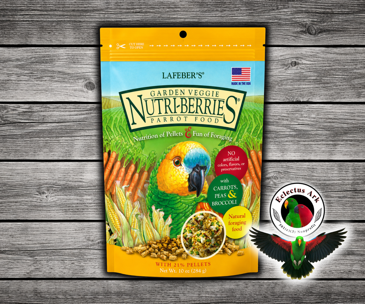 Lafeber Garden Veggie Nutri-Berries for parrots with carrots, peas, broccoli, corn, hulled seeds, grains, pellets, vitamins, and minerals in a foraging berry shape. 10 oz bag