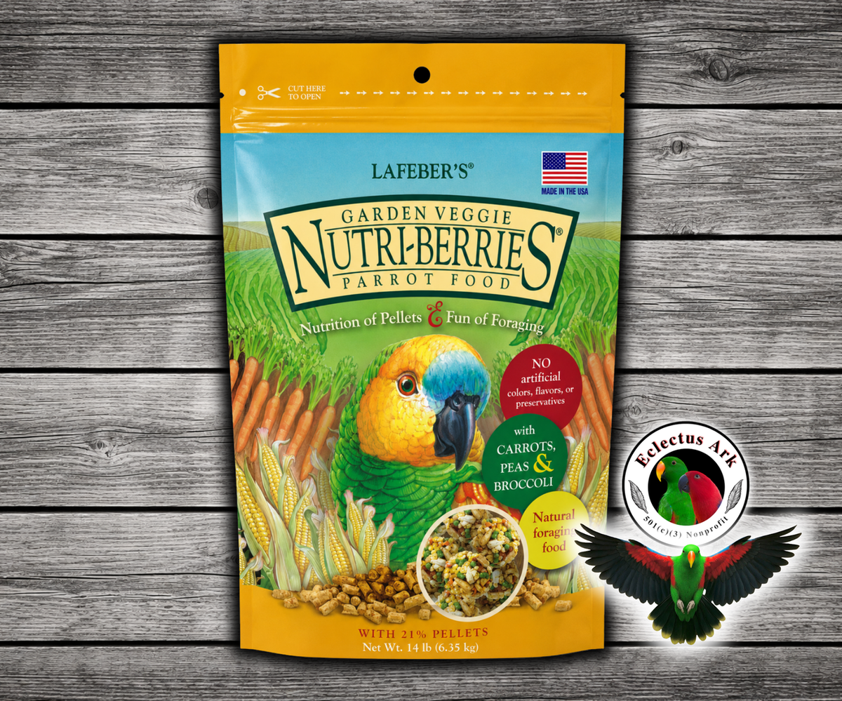 Lafeber Garden Veggie Nutri-Berries for parrots with carrots, peas, broccoli, corn, hulled seeds, grains, pellets, vitamins, and minerals in a foraging berry shape. 14 lb bag