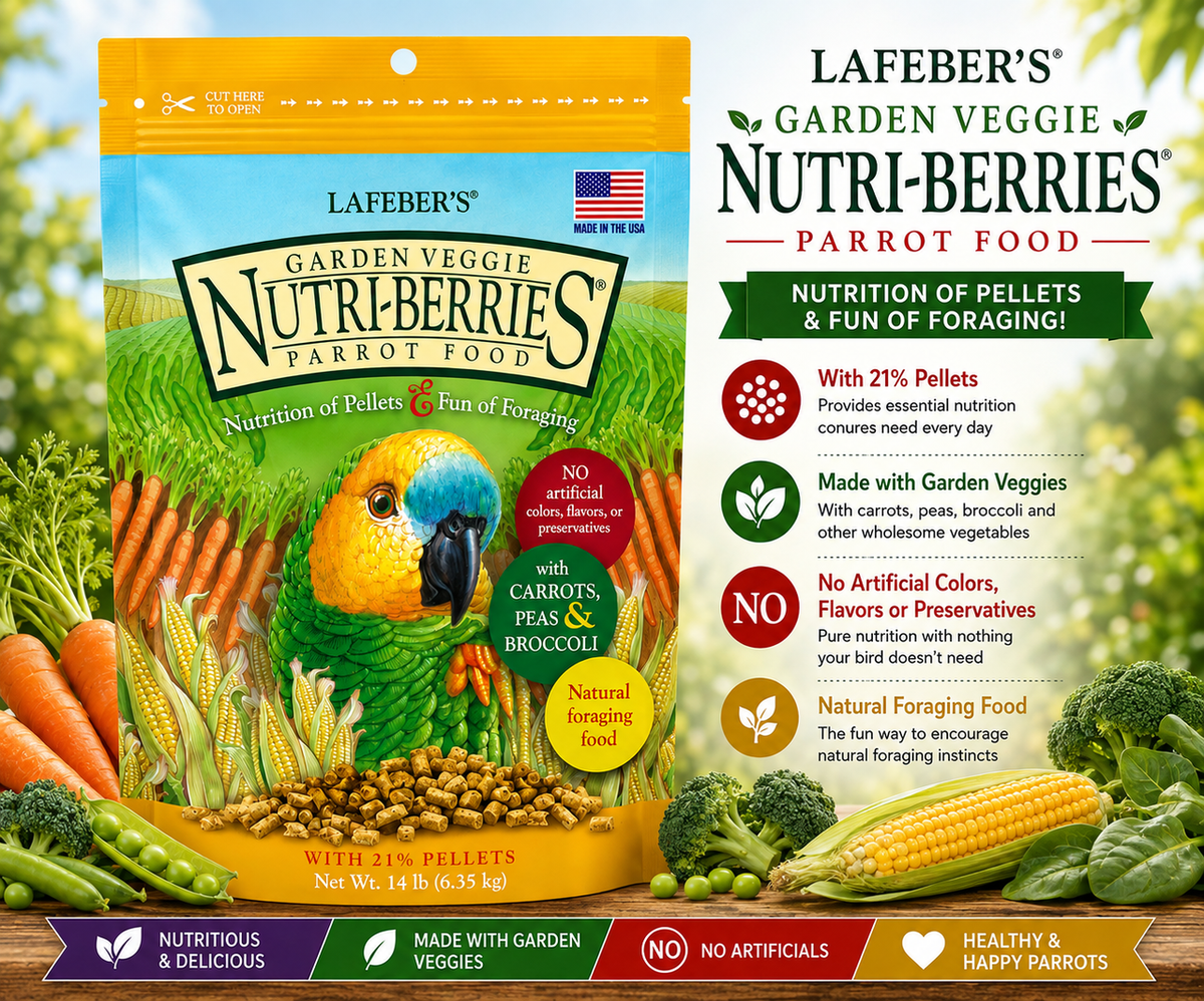 Lafeber Garden Veggie Nutri-Berries for parrots with carrots, peas, broccoli, corn, hulled seeds, grains, pellets, vitamins, and minerals in a foraging berry shape. 14 lb promo