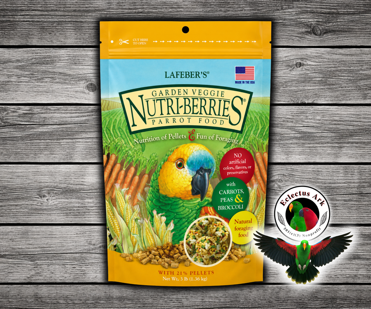 Lafeber Garden Veggie Nutri-Berries for parrots with carrots, peas, broccoli, corn, hulled seeds, grains, pellets, vitamins, and minerals in a foraging berry shape. 3 lb bag