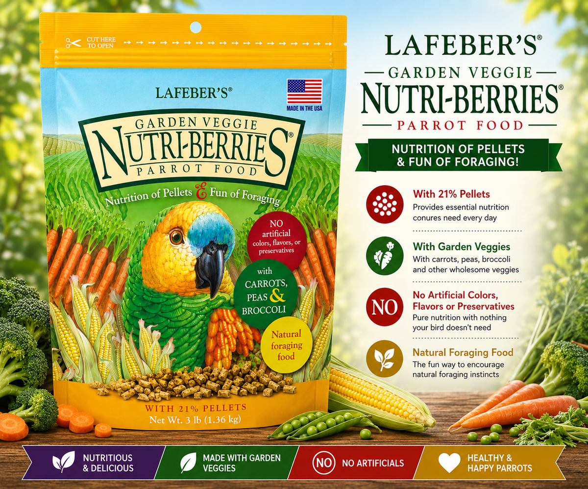 Lafeber Garden Veggie Nutri-Berries for parrots with carrots, peas, broccoli, corn, hulled seeds, grains, pellets, vitamins, and minerals in a foraging berry shape. 3 lb promo