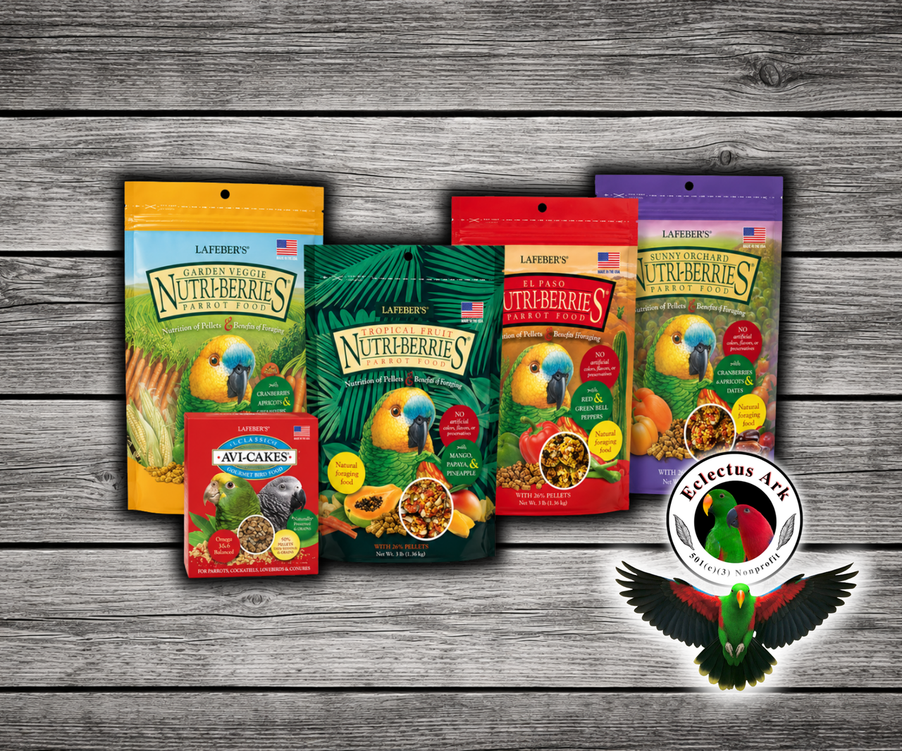 Lafeber Gourmet Nutri-Berries Parrot Variety Pack with Garden Veggie, Tropical Fruit, El Paso, Sunny Orchard Nutri-Berries, and a free Classic Avi-Cake sample for parrots, macaws, cockatoos, and conures.