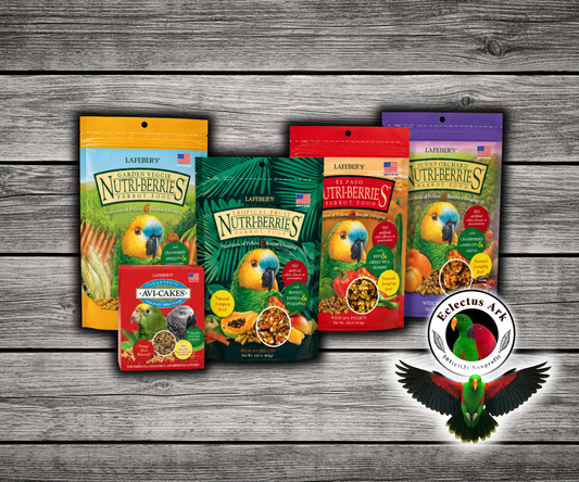Lafeber Gourmet Nutri-Berries Parrot Variety Pack with Garden Veggie, Tropical Fruit, El Paso, Sunny Orchard Nutri-Berries, and a free Classic Avi-Cake sample for parrots, macaws, cockatoos, and conures.