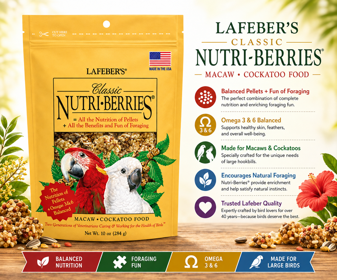 Lafeber Macaw and Cockatoo Nutri-Berries with hulled seeds, grains, peanut splits, 16.5% pellets, chelated minerals, stabilized vitamins, and omega fatty acids for macaws, cockatoos, and large parrots. 10 oz promo