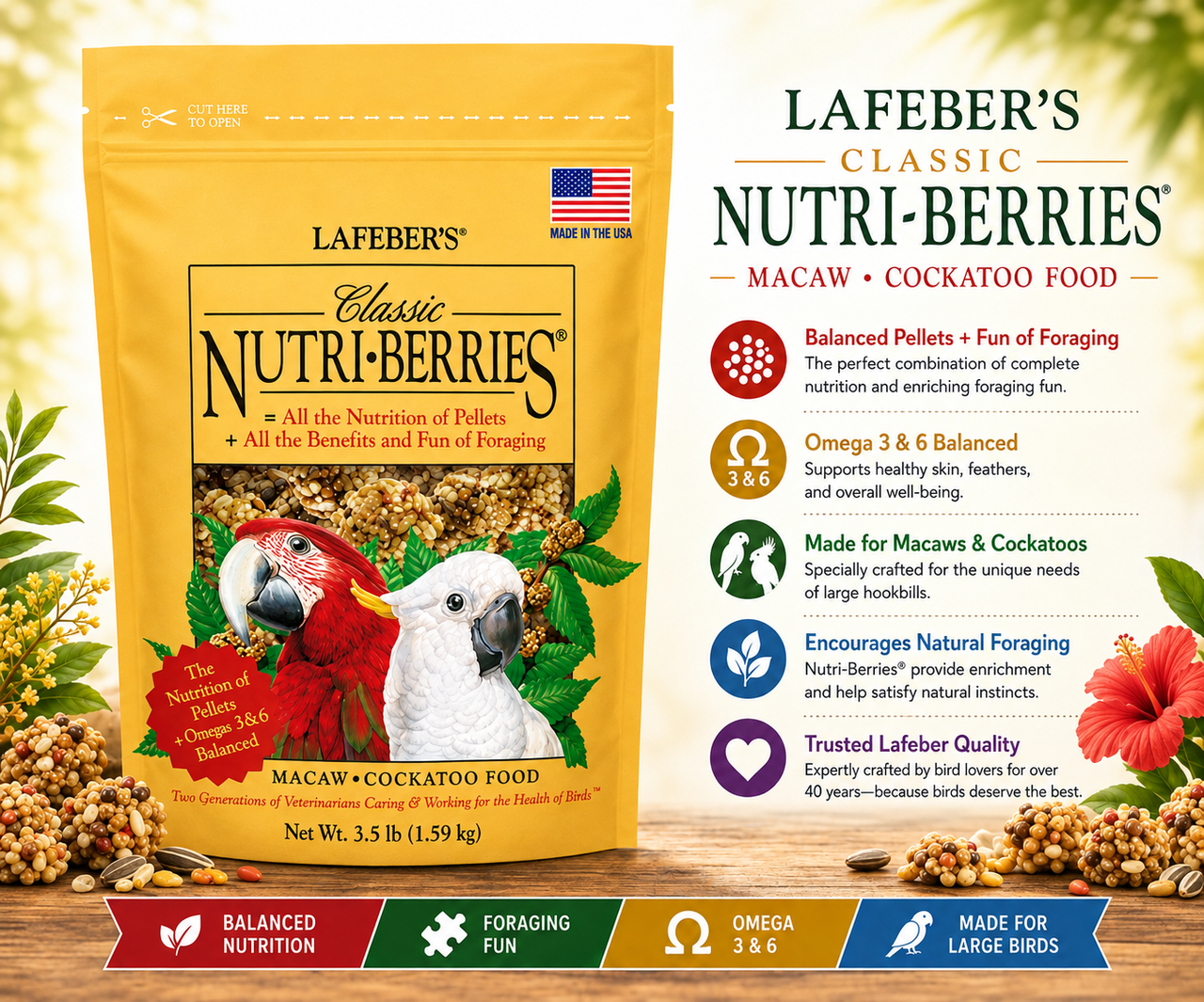 Lafeber Macaw and Cockatoo Nutri-Berries with hulled seeds, grains, peanut splits, 16.5% pellets, chelated minerals, stabilized vitamins, and omega fatty acids for macaws, cockatoos, and large parrots. 3.5 lb bag