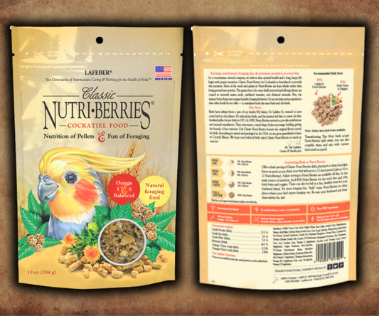 Bag of Lafeber Nutri-Berries Cockatiel Food — berry-shaped seed and grain nuggets designed for cockatiels, budgies and small parrots, offering balanced nutrition and enrichment. 10 oz