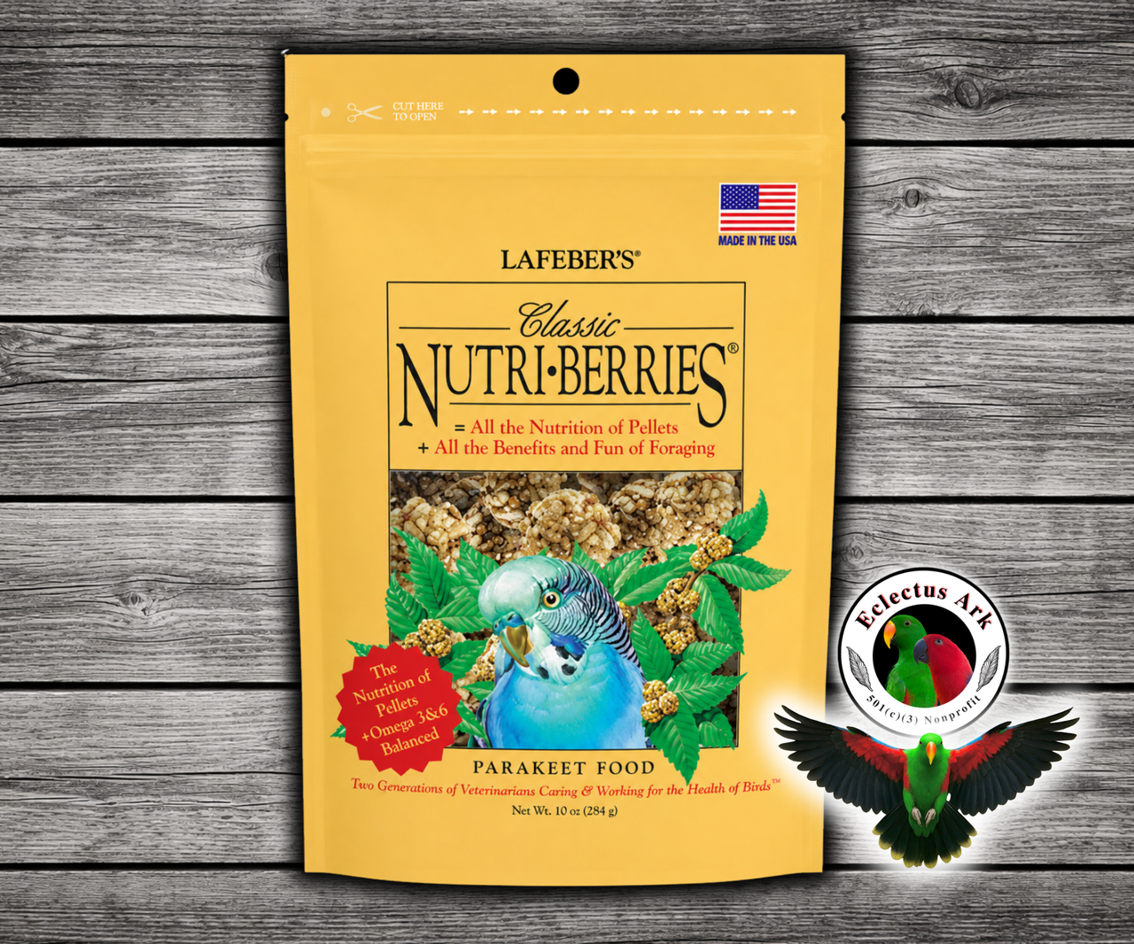 Lafeber Parakeet Nutri-Berries with hulled white proso millet, hulled canary grass seed, oat groats, peanut granules, red millet, 10% pellets, vitamins, minerals, amino acids, and omega fatty acids for parakeets, budgies, lovebirds, parrotlets, and small birds. 10 oz